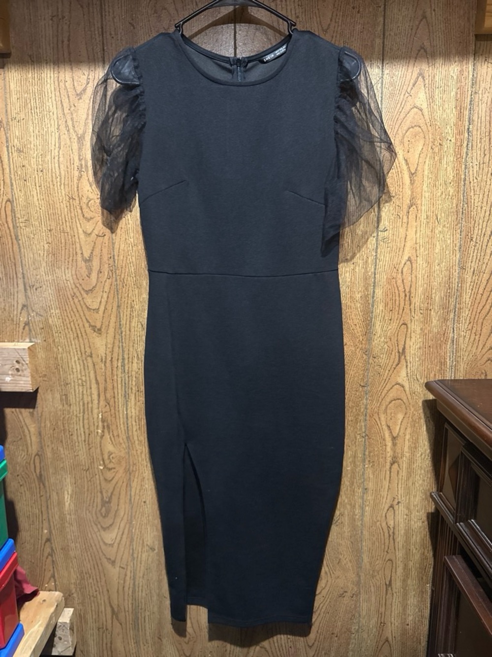 SHEIN Black Midi Dress with Sheer Puff Sleeves